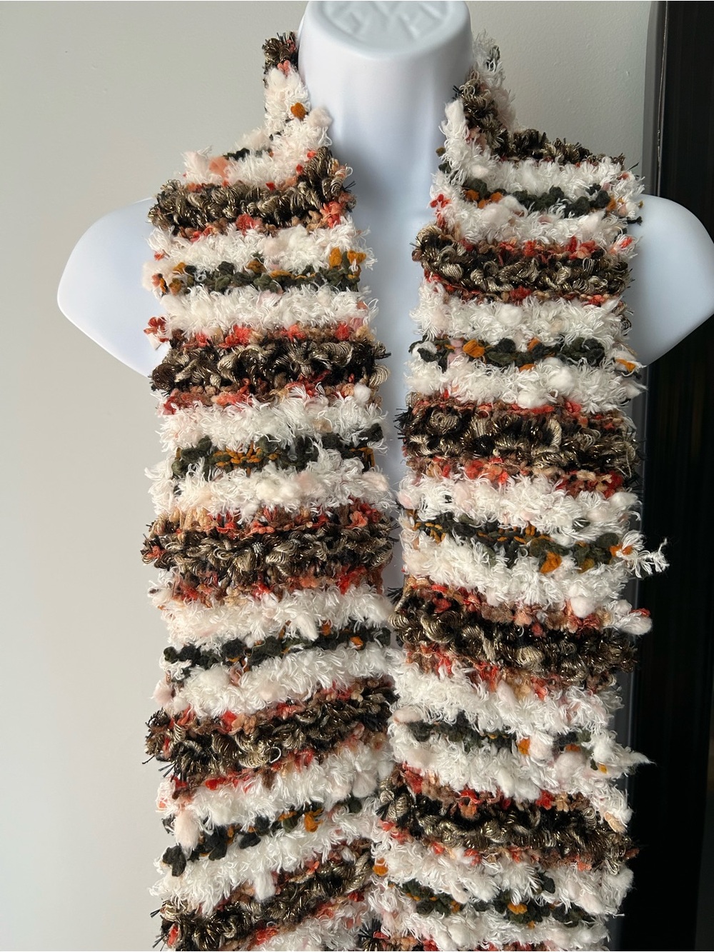 Textured Stripe Fuzzy Knit Scarf - White, Brown & Orange